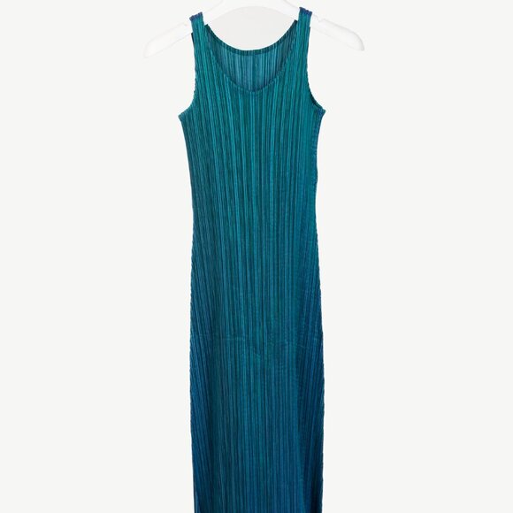 Issey Miyake Metallic-Blue Ruffle-Hem Sleeveless Maxi Dress - Picture 1 of 9
